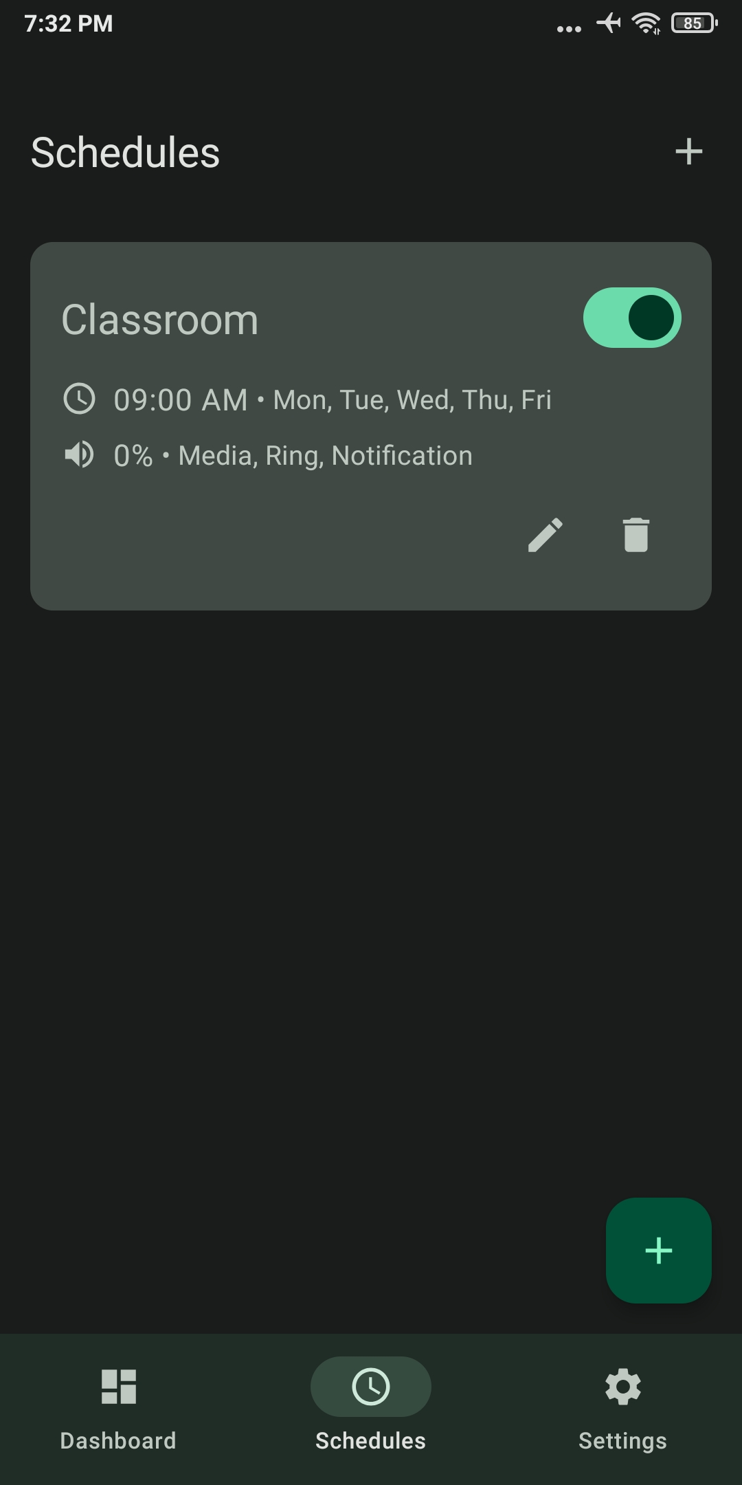 Dashboard shows active schedules screenshot