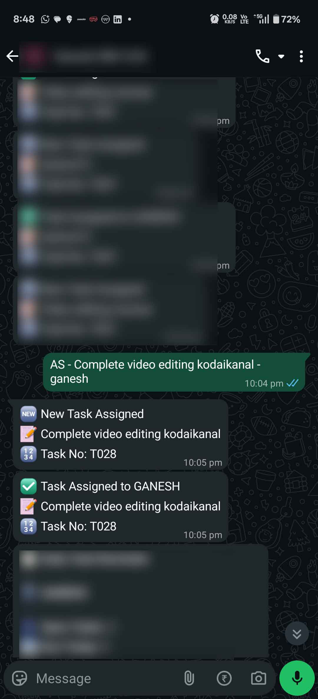 Task creation in WhatsApp screenshot