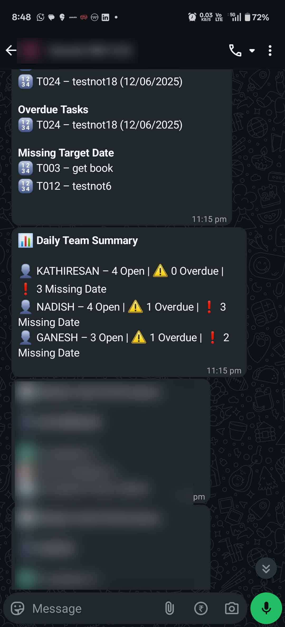 Task status updates screenshot